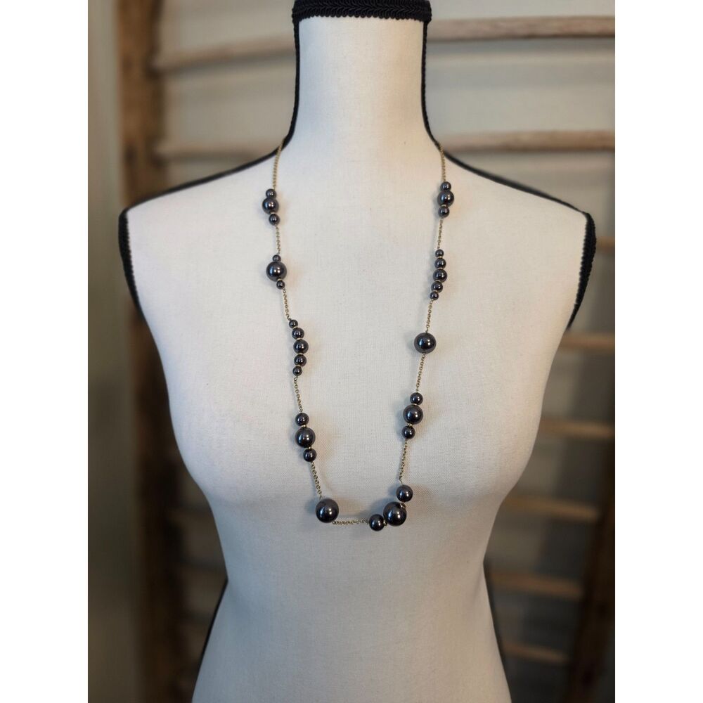 J.Crew Gray Faux Pearl Station Necklace Gold Tone Long Signed Vintage Style